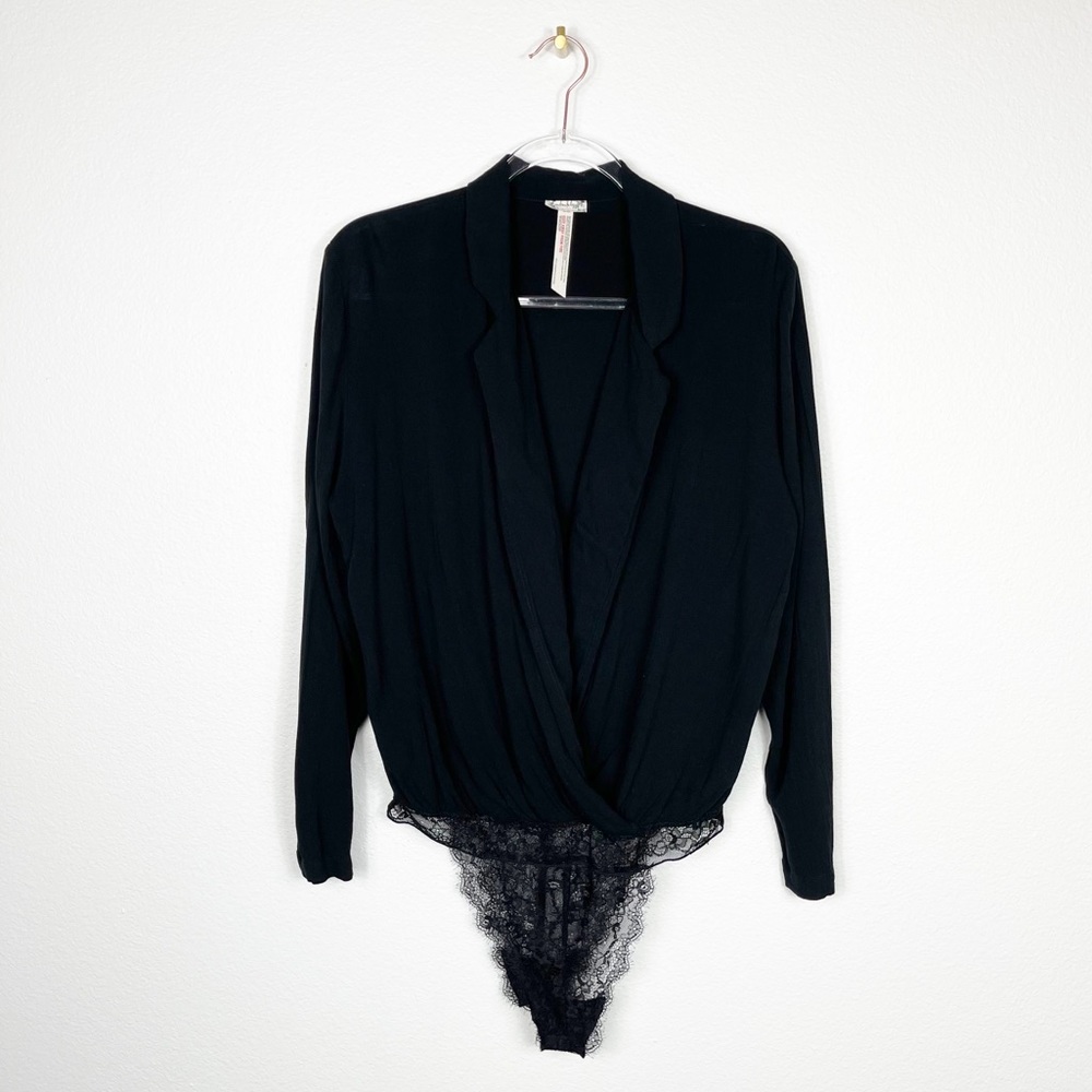 NEW Intimately Free People Long Sleeve Low Cut Black Bodysuit Small‎